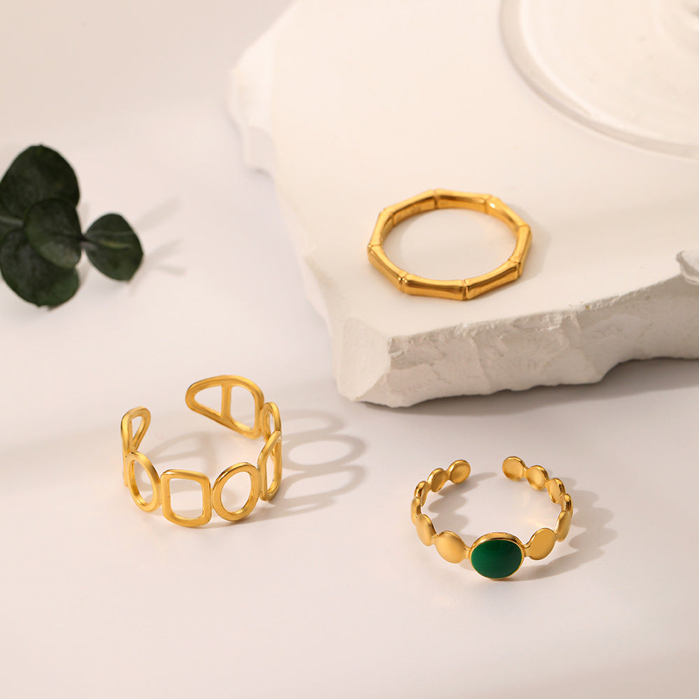 Wholesale Stainless Steel Gold Opening O-shaped Circular Vintage Oil Dropping Green Three Piece Ring Set